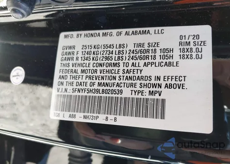 2020 Honda Pilot 2Wd Ex из США, поврежденный, VIN 5FNYF5H39LB020539